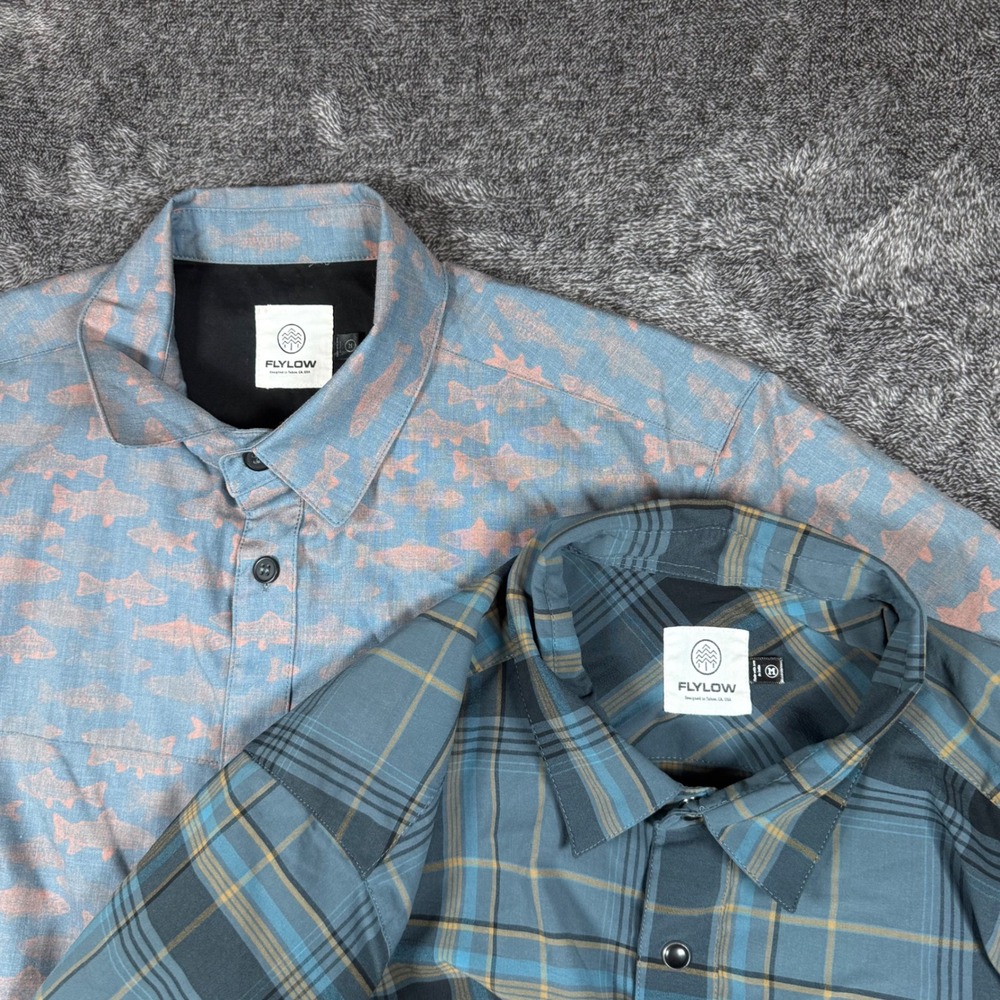 Lot Of 2 Flylow Men's Medium Short Sleeve Button Up Shirt Plaid Fish Print